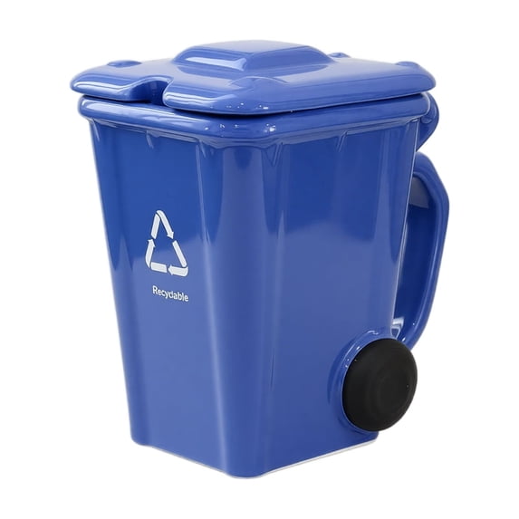 Coffee Mug Blue Trash Can Shaped 12 Ounce Ceramic Coffee Mug with Lid Novelty Drinkware for Office Desk
