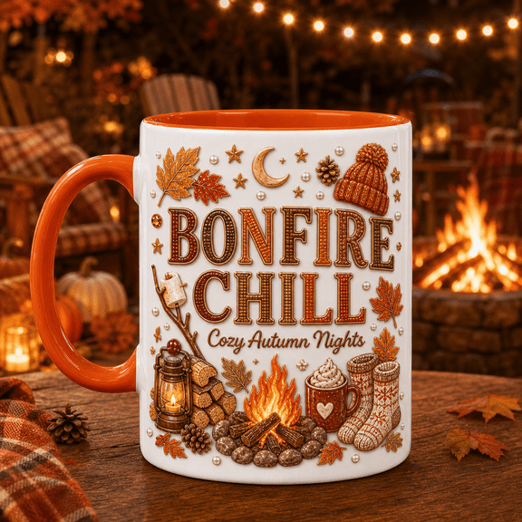 Coffee Mug Bonfire and Chill Ceramic for Cozy Autumn Sipping Thanksgiving Gift