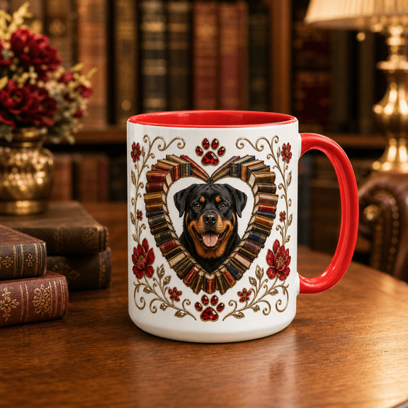 Coffee Mug Bookish Rottweiler Heart Ceramic Desk Cup for Dog Lovers and Readers