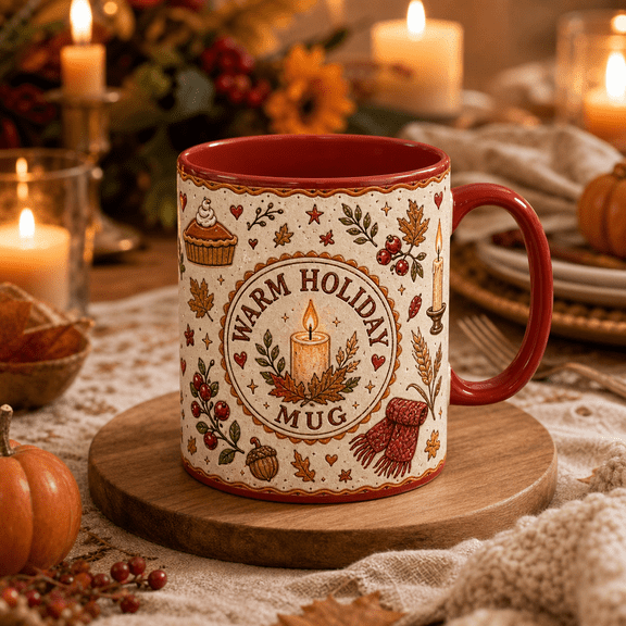 Coffee Mug Candlelit Thanksgiving Fall Ceramic for Coffee and Tea, Holiday Host Gift
