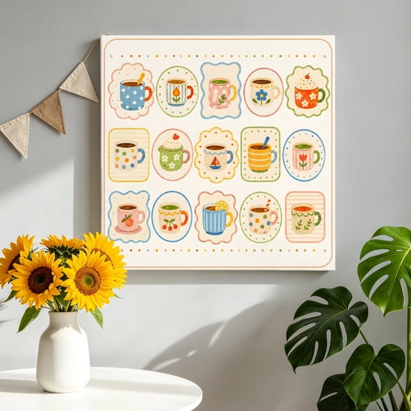 Coffee Mug Canvas Wall Art for Living Room, Afternoon Tea Cup Flower Stem Flower Pattern Beige Poster Print Painting for Bedroom Office Home Decoration Wall Pictures Prepare To Hang 8"x8"