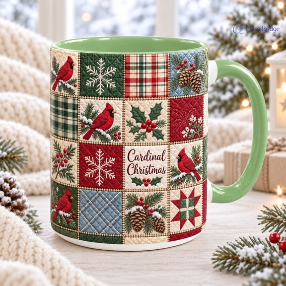Coffee Mug Cardinal Patchwork Christmas Design for Winter Drinks, Holiday Gift