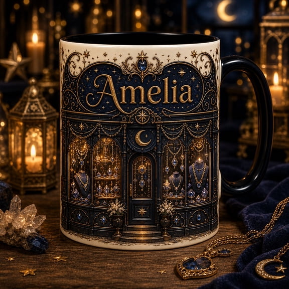 Coffee Mug Celestial Jewelry Boutique Personalized Name Desk Drinkware Gift for Jewelry Lovers