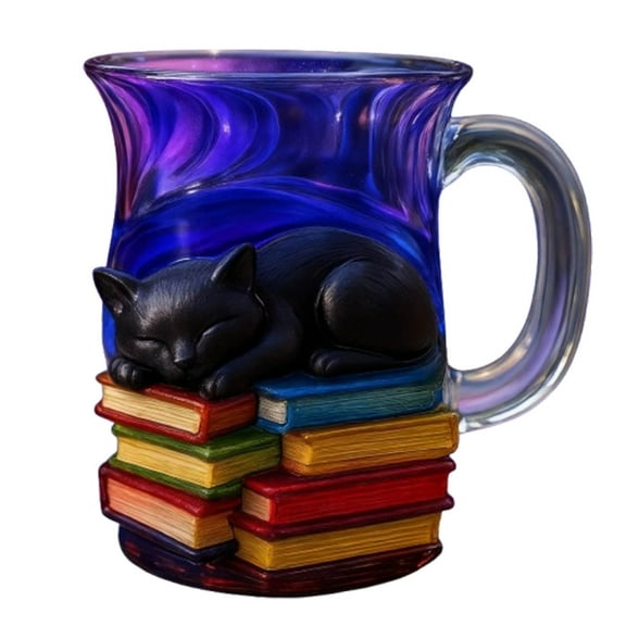 Coffee Mug Ceramic Cup Sleeping Cat on Books Design Gift for Book Lovers Thematic Novelty Drinkware Humorous Present
