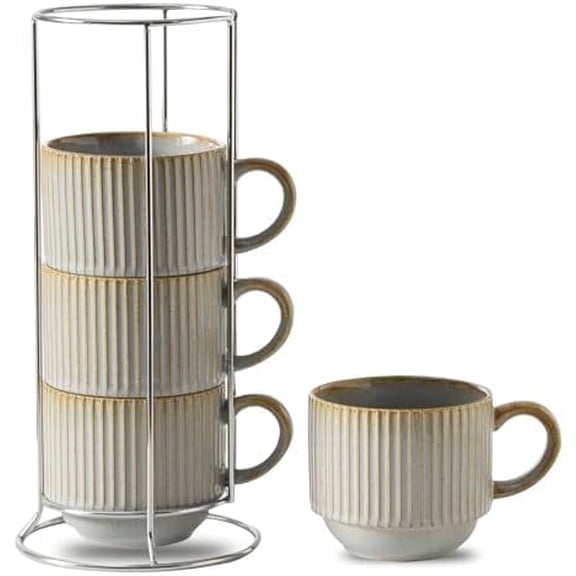 Coffee Mug Ceramic Set of 4 with Stand - 15 oz Rustic Farmhouse Stackable Ribbed Latte Cup Set for Cappuccino, Tea, Hot Cocoa, Drinks - Dishwasher & Microwave Safe, Lavender Gray