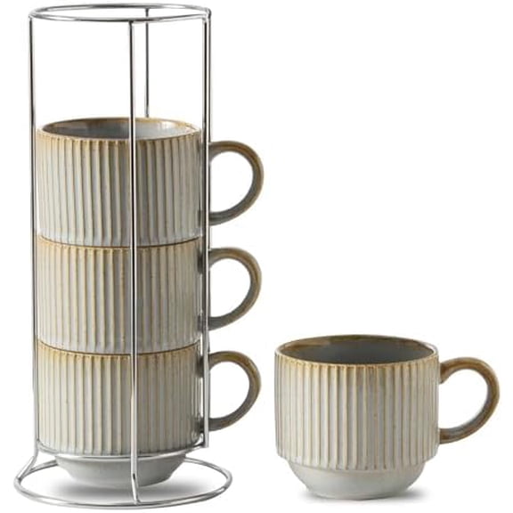 Coffee Mug Ceramic Set of 4 with Stand - 15 oz Rustic Farmhouse Stackable Ribbed Latte Cup Set for Cappuccino, Tea, Hot Cocoa, Drinks - Dishwasher & Microwave Safe, Lavender Gray
