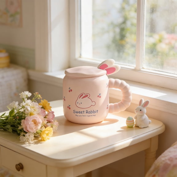 Coffee Mug – Ceramic Tea Cup, Sweet Bunny Easter Design With Lid and Spoon, Blue Pink Yellow Green Multicolor, Gift Box Packaging, 10 x 8.2 in