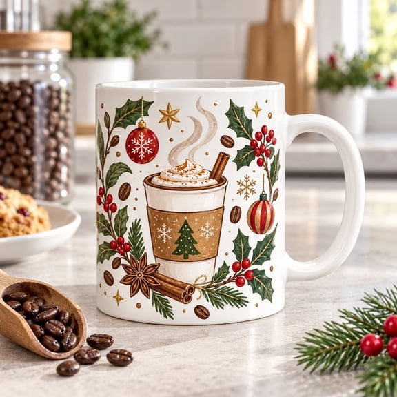 Coffee Mug Christmas Holly and Ornament Design Ceramic Kitchen Drinkware for Holiday Gift