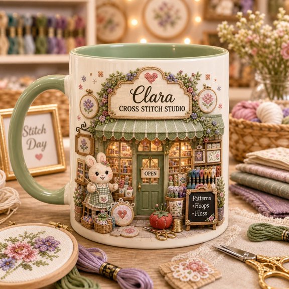 Coffee Mug Cross Stitch Studio Ceramic Craft Drink Cup for Stitchers