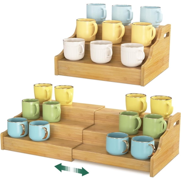 Coffee Mug Cup Holder Rack for Cabinets Countertop, 3 Tier Expandable Mug Storage Organizer Bamboo Coffee Bar Station Display Stand Shelf for Kitchen Countertop, No Assembly, More Space