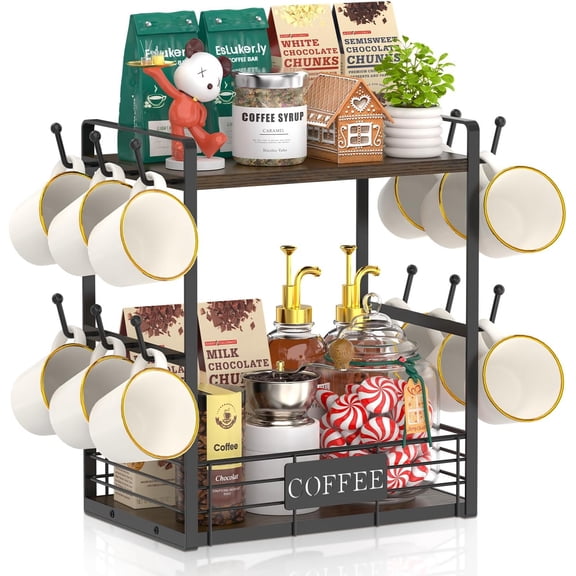 Coffee Mug Cup Holder Tree Bar Station Organizer, 2 Tier Mug Stand Rack for Countertop Kitchen, Storage Tower Display Shelf with 12 Hooks, Coffee Nook Enhancer, Brown-Black