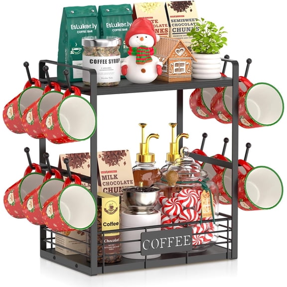 Coffee Mug Cup Holder Tree Bar Station Organizer, 2 Tier Mug Stand Rack for Countertop Kitchen, Storage Tower Display Shelf with 12 Hooks, Coffee Nook Enhancer, Black