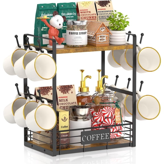 Coffee Mug Cup Holder Tree Bar Station Organizer, 2 Tier Mug Stand Rack for Countertop Kitchen, Storage Tower Display Shelf with 12 Hooks, Coffee Nook Enhancer, Vintage Brown Black