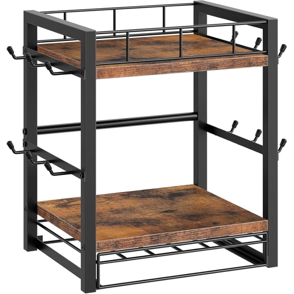 Coffee Mug Cup Holder, Tree Bar Station Organizer for Countertop, 12 Hooks Mug Stand Rack with Sliding Drawer for 30 K-Cup Pods, 2 Tier Mug Display Stand, Rustic Brown and Black BF11TL01