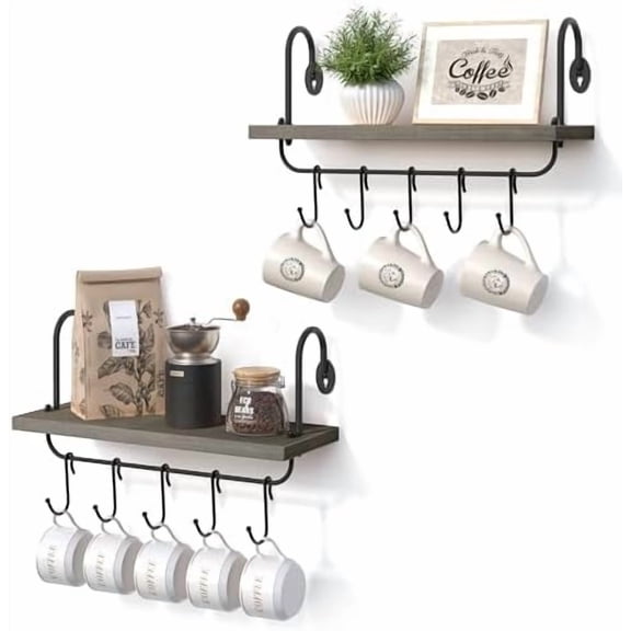 Coffee Mug Cup Holder Wall Mount, Floating Wall Shelves for Coffee Bar Organizer and Decor, Mug Rack Shelf with 10 Hooks for Kitchen Bathroom Accessories Storage Set of 2 (Weathered Grey)