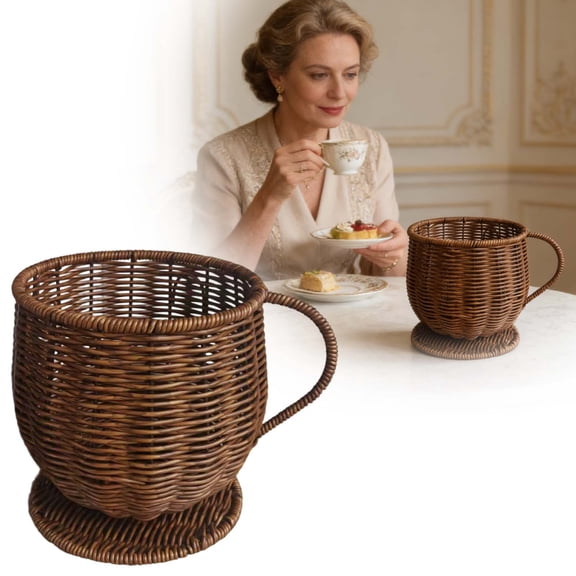 Coffee Mug Cup Shaped Organizer With Handle Handwoven Style Storage Container Durable Storage Box For Living Rooms Bedrooms(Coffee-18X17.5Cm)