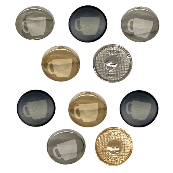 Coffee Mug Cup Solid Set of 10 Metal 0.6" (15mm) Sewing Shank Round Buttons - Gold Color