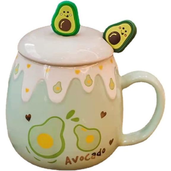 Coffee Mug Cups Ceramic  Cup Fruits Avocado Shaped  Pottery Cute Mugs With Lid Spoon Handle Office  Hot Ice  Milk Mugs Gifts Microwave Dishwasher Safe Travel Mugs (Green)