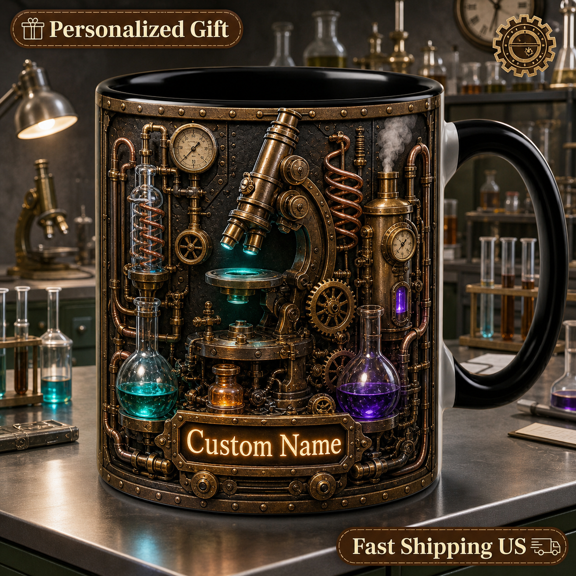 Coffee Mug Custom Name Steampunk Science Lab Ceramic Desk Drinkware for Scientists