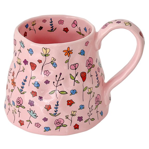 Coffee Mug Cute Flower with Handmade Big Handle, 20oz Girly Pink Floral Tea Cup for Women Valentine Gift, Novelty Irregular Oversized Christmas Mugs for Latte Tea Milk Cocoa