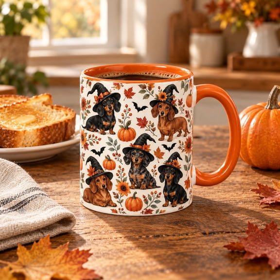 Coffee Mug Dachshund Witch Pattern with Pumpkins and Bats for Fall Drinks, Halloween Dog Lover Gift