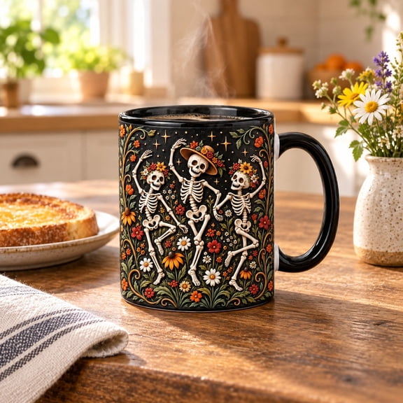 Coffee Mug Dancing Skeleton Wildflower Garden, Black Morning Companion for Halloween Fans