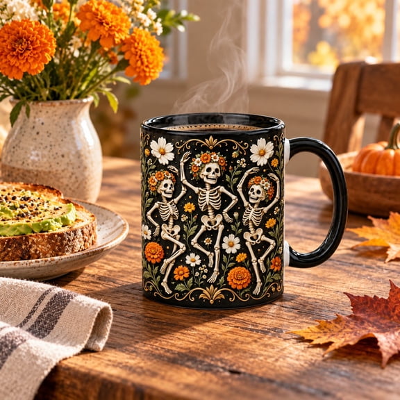 Coffee Mug Dancing Skeletons and Wildflowers for Morning Drinks, Halloween Gift