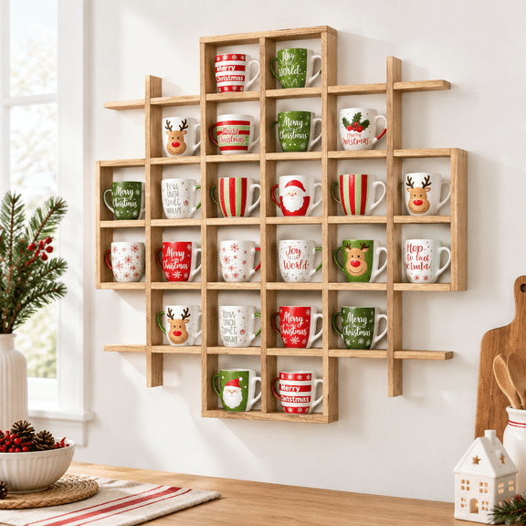 Coffee Mug Display Rack Oversize Wooden Wall Mounted