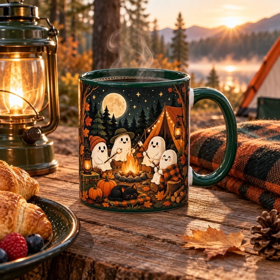 Coffee Mug Ghost Campfire Scene with Tent, Pumpkins and Black Cat for Cozy Fall Drinks, Halloween Gift