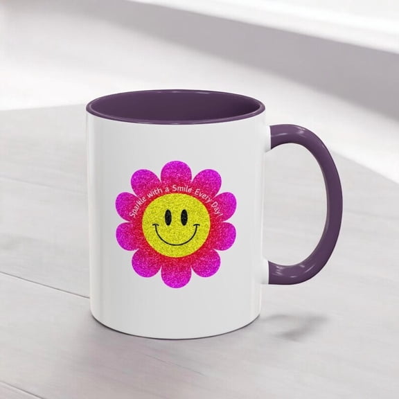Coffee Mug, Glitter S1Miley Flower Design Start Your Day with a Sparkle, Floral Tea Cup, Cute Kitchen DE1cor, Happy Face Ceramic Mug, Unique