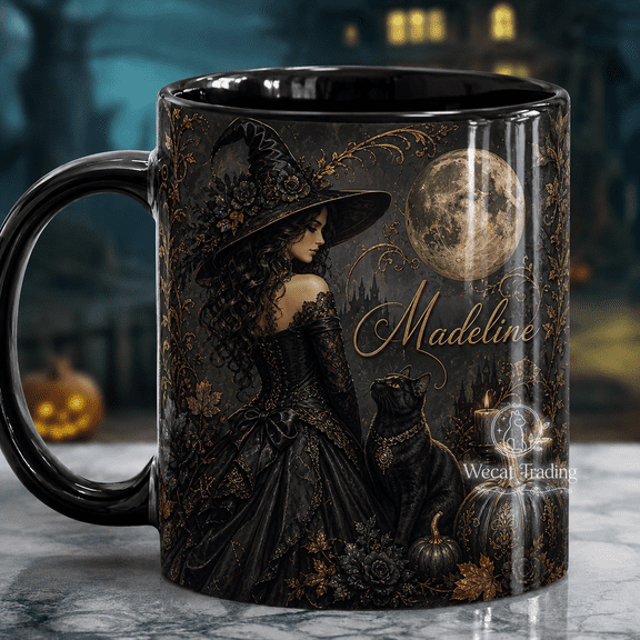 Coffee Mug Gothic Witch and Black Cat Personalized for Morning Coffee Halloween Gift