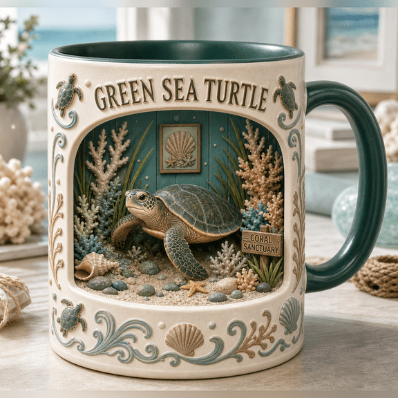 Coffee Mug Green Sea Turtle Ceramic Coffee Cup for Desk or Kitchen Sea Life Gift