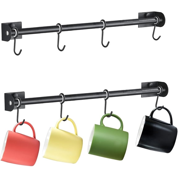 Coffee Mug Holder with 4 Hooks Wall Mounted, 15.6-Inch Modern Tea Cup 4 Hanging Hanger Set of 2, Metal Cafe Bar Storage, Rustic Utensil Rail Rack for Dining Corner Nook Drill or Drill Free Black