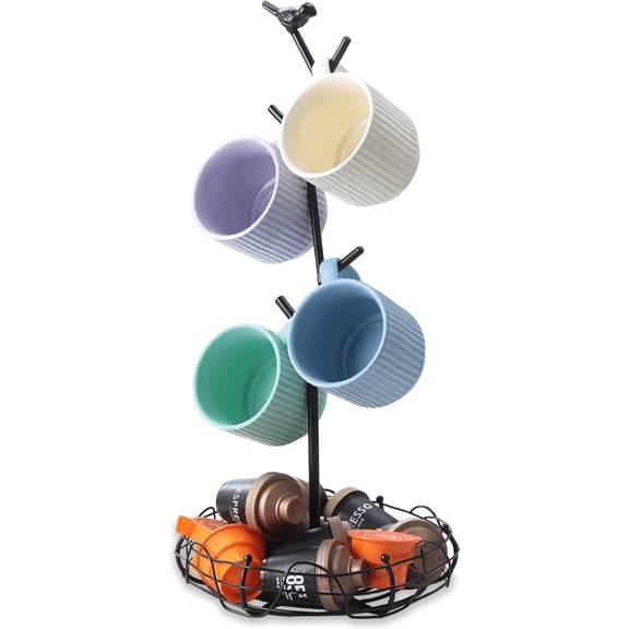 Coffee Mug Holder for Countertop, Mug Tree with Bird's Nest Storage Basket, Holds 4 Large Mugs (20oz Compatible), Whimsical Kitchen Decor, Coffee Bar Accessories