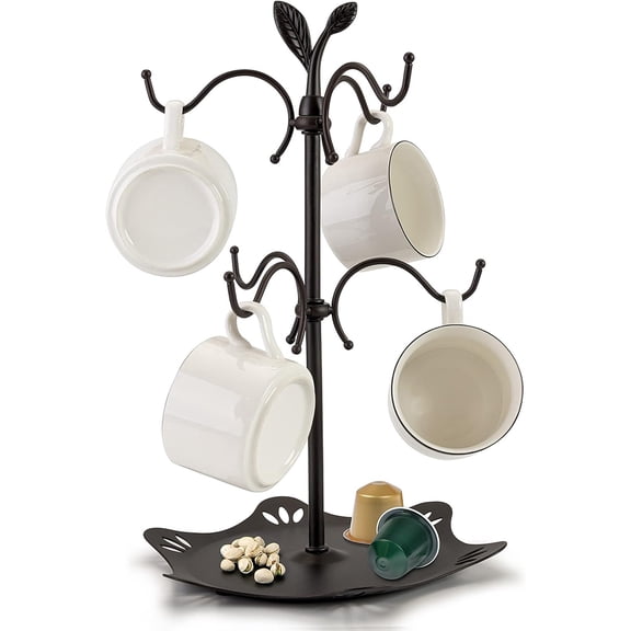 Coffee Mug Holder for Large Mugs, Mug Tree for Counter, Cup Holder for Countertop, Mug Rack with Tray, Metal Mug Tree with 6 Hooks, Coffee Counter Bar Accessory & Kitchen Home Organizer