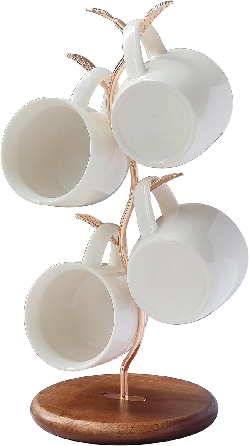 ABZUOON Leaf Shaped Mug Tree Holder - Countertop Coffee Mug Rack With 4 Hooks, Black (Holds 4 Mugs)