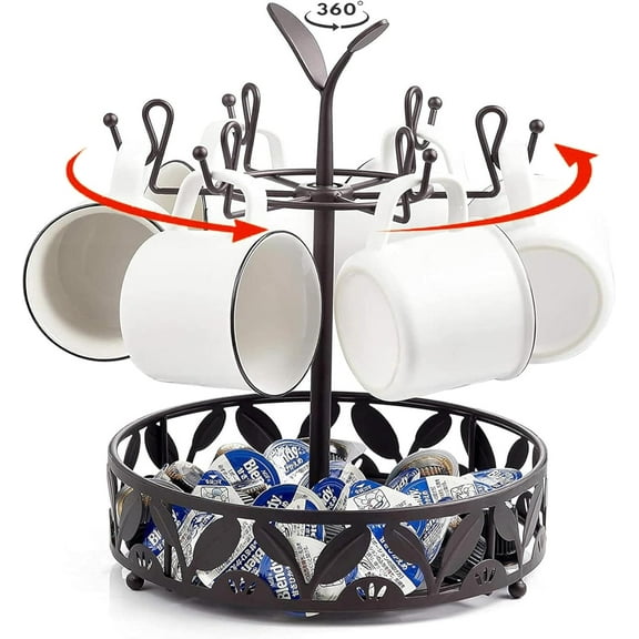 Coffee Mug Holder, Mug Tree Countertop, Rotatable Mug Holder Stand with 6 Hooks for Coffee Bar Counter Cabinets and Kitchen Organizer