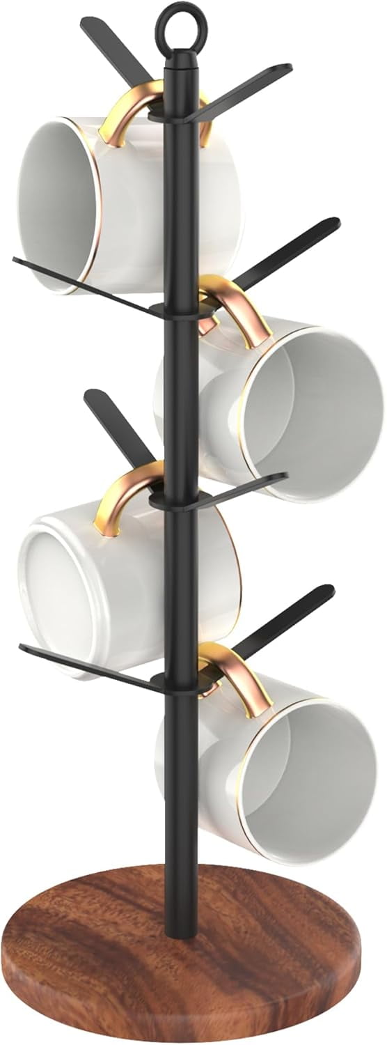 Coffee Mug Holder, NonSlip Cup Tree with 8 Hooks, Walnut Wood Stand