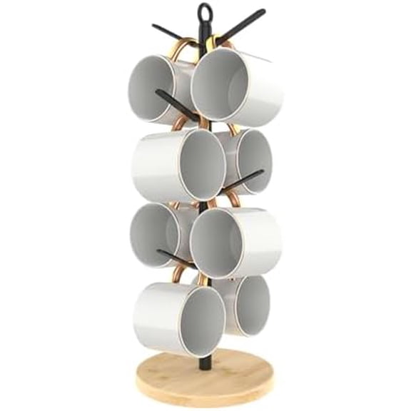 Coffee Mug Holder, Non-Slip Cup Tree with 8 Hooks, Wood Stand Organizer for Counter, Bar and Kitchen Home Decor (Bamboo)