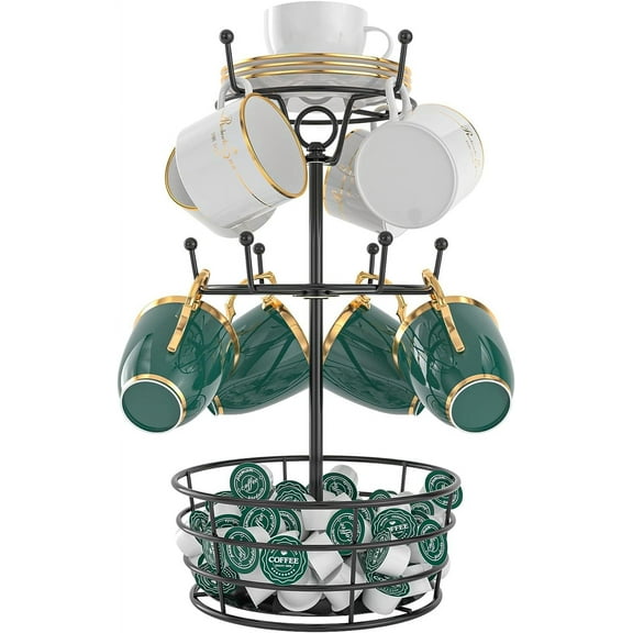 Coffee Mug Holder Tree Stand - Rotatable Metal Coffee Mug Rack Holder, 3 Tiers Coffee Cup Holder for Mug Hooks with Cup Pods & Saucer Basket Storage for Bar Kitchen Counter, Black