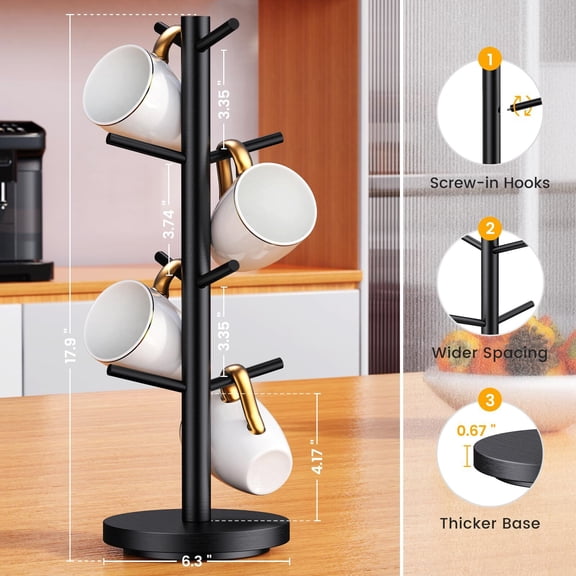 Coffee Mug Holder Tree, Upgraded 360 Rotated Coffee Cup Holder for Counter, Wood Coffee Mug Tree, Coffee Mug Rack with 8 Hooks, Coffee Mug Organizer Station, Mug Stand Coffee Bar Accessories, Black