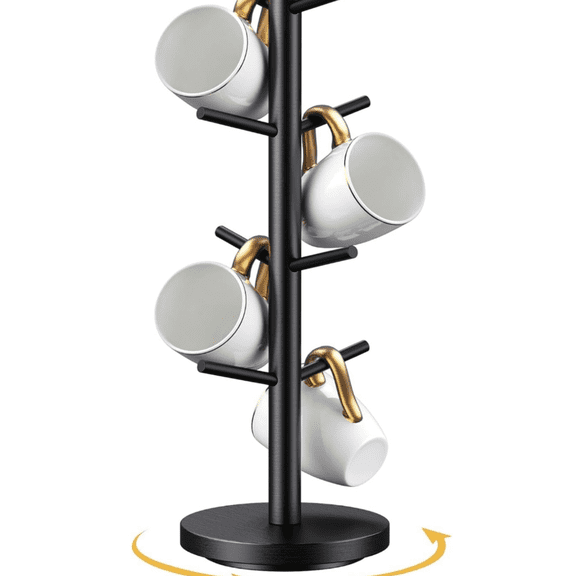 Coffee Mug Holder Tree, Upgraded 360 Rotated Coffee Cup Holder for Counter, Wood Coffee Mug Tree, Coffee Mug Rack with 8 Hooks, Coffee Mug Organizer Station, Mug Stand Coffee Bar Accessories, Black
