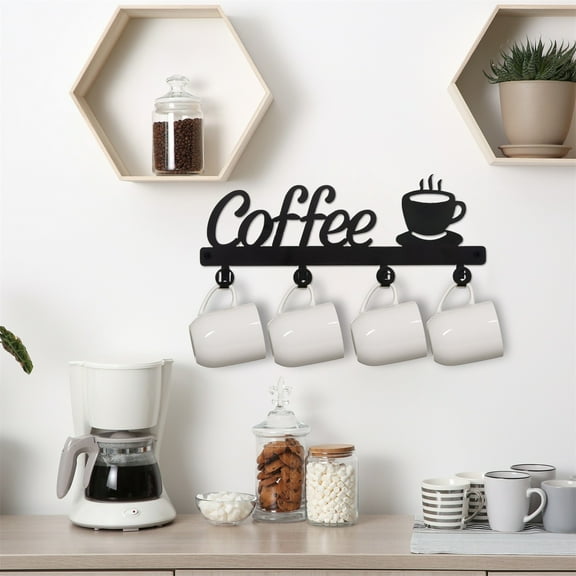 Coffee Mug Holder Wall Mounted, Metal Hook Coffee Cup Rack with Coffee and Tea Sign, Tea Cup Hanger for Bar Display, Coffee Corner Nook Decor, 17x7"