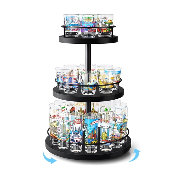 3-Tier Shot Glass Display Case, Rotating Wooden Shot Glass Shelf, Tabletop Mug Holds for Home Bar, Black