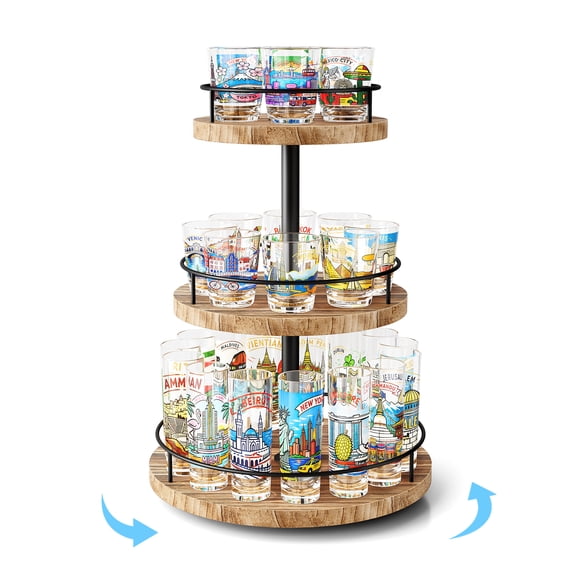 3-Tier Shot Glass Display Case, Rotating Wooden Shot Glass Shelf, Tabletop Mug Holds for Home Bar, Rustic Brown