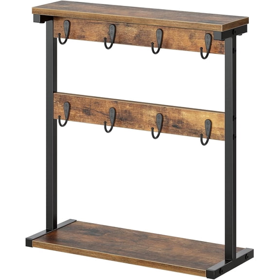 Coffee Mug Holder for Counter, 2 Tier Mug Tree Rack, with 8 Hook and 2 Open Shelves, Vintage Mug Holder Stand for Home Kitchen, Rustic Brown MH43BR
