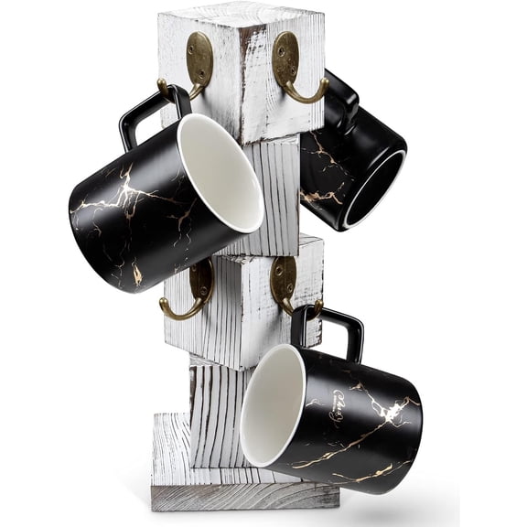 Coffee Mug Holder for Counter, Rustic Solid Wood Mug Tree, Farmhouse Wooden Coffee Cup Rack with 8 Hooks (Farmhouse White)