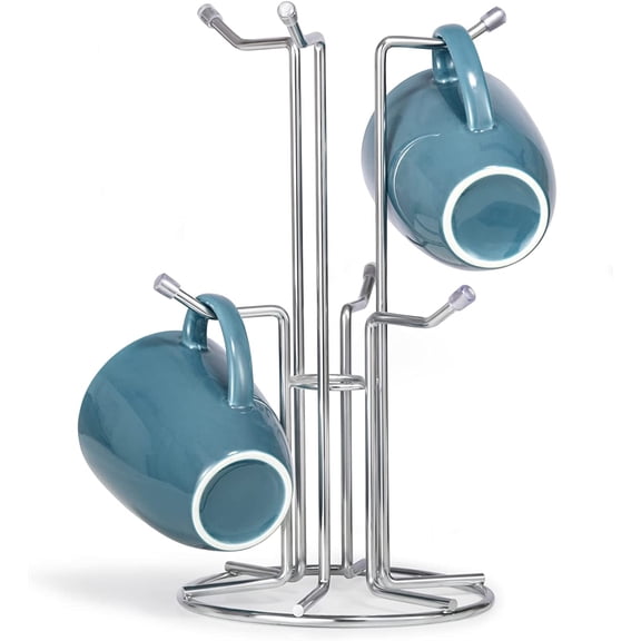 Coffee Mug Holder for Countetop, Cup Tree for Counter Large Mugs with 6 Hooks, Metal Cup Holder Stand, Standing Rack Display for Coffee Bar, Silver