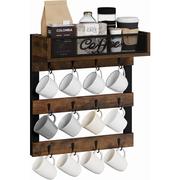 Coffee Mug Holder with 12 Hooks, Coffee Cup Holder Wall Mounted with Top Shelf, Mug Organizer for Home Kitchen, Brown