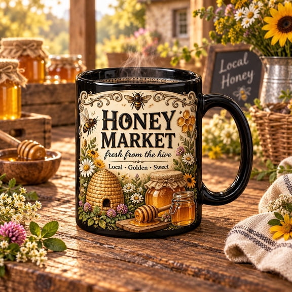Coffee Mug, Honey Market Bee Floral Beekeeper Design